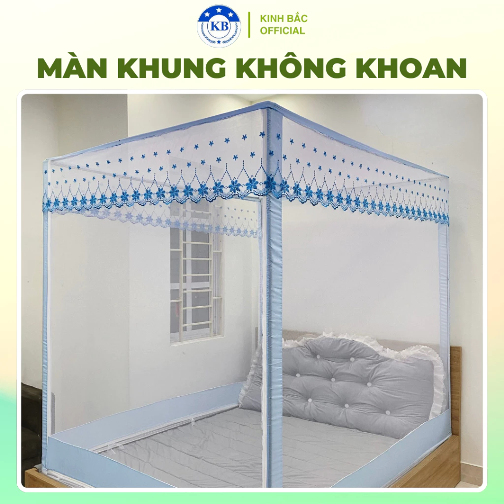 Màn khung vuông không cần khoan tường Kinh Bắc - Khung inox sang trọng có 2 cửa - Mùng chống muỗi